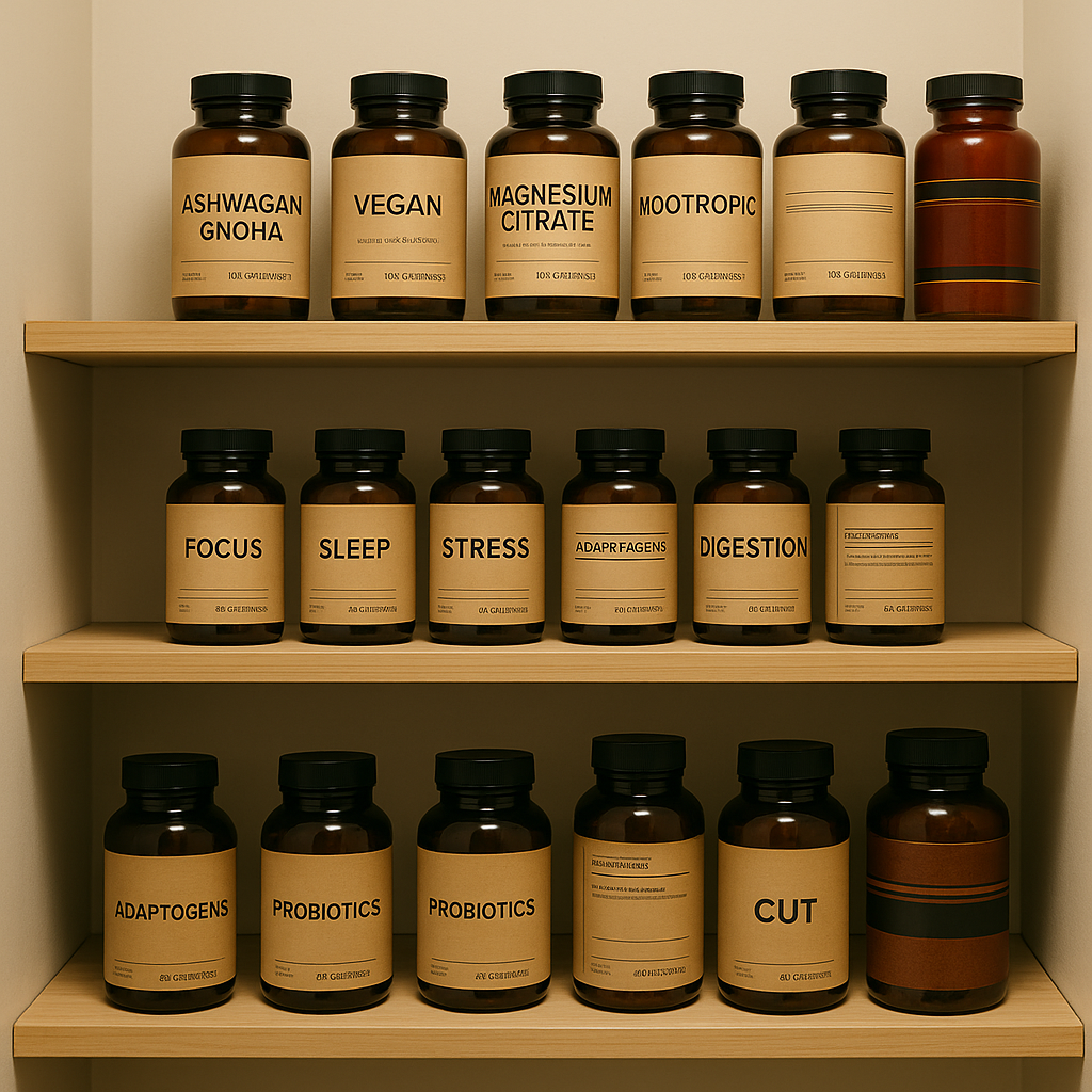 Modern private label supplement products displayed with minimalist packaging, highlighting Europe's clean, functional wellness trend.