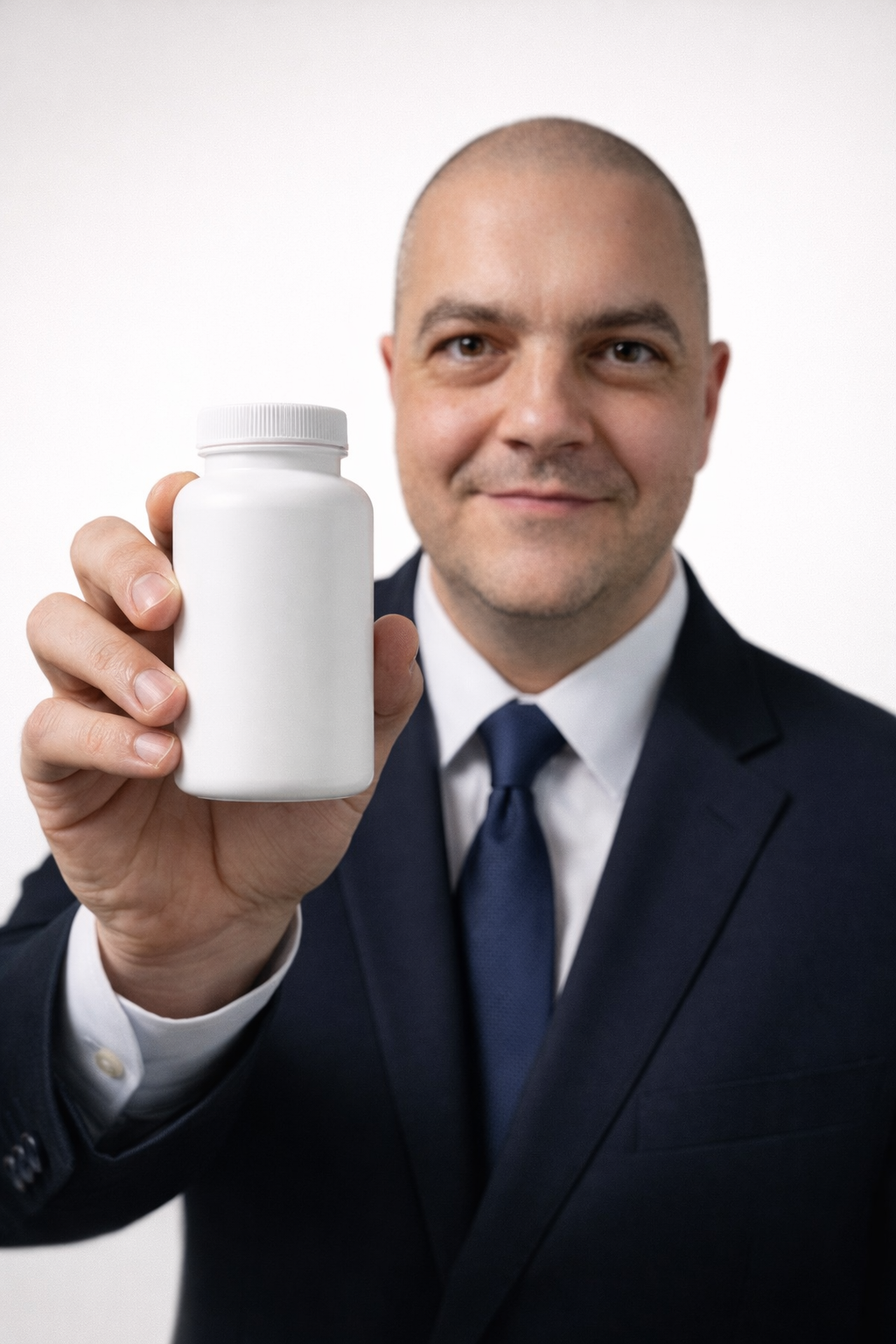 Man in a suit holding a white supplement bottle against a white background