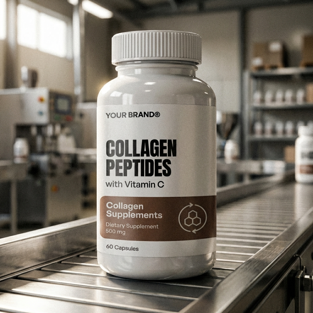 Collagen peptides supplement bottle on a production line