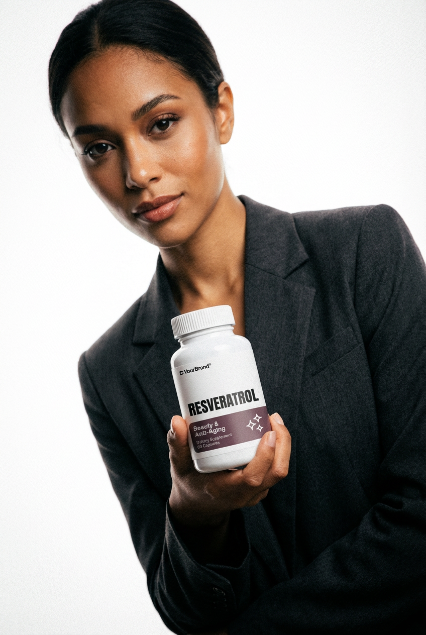 Woman holding a bottle of Resveratrol supplement against a white background
