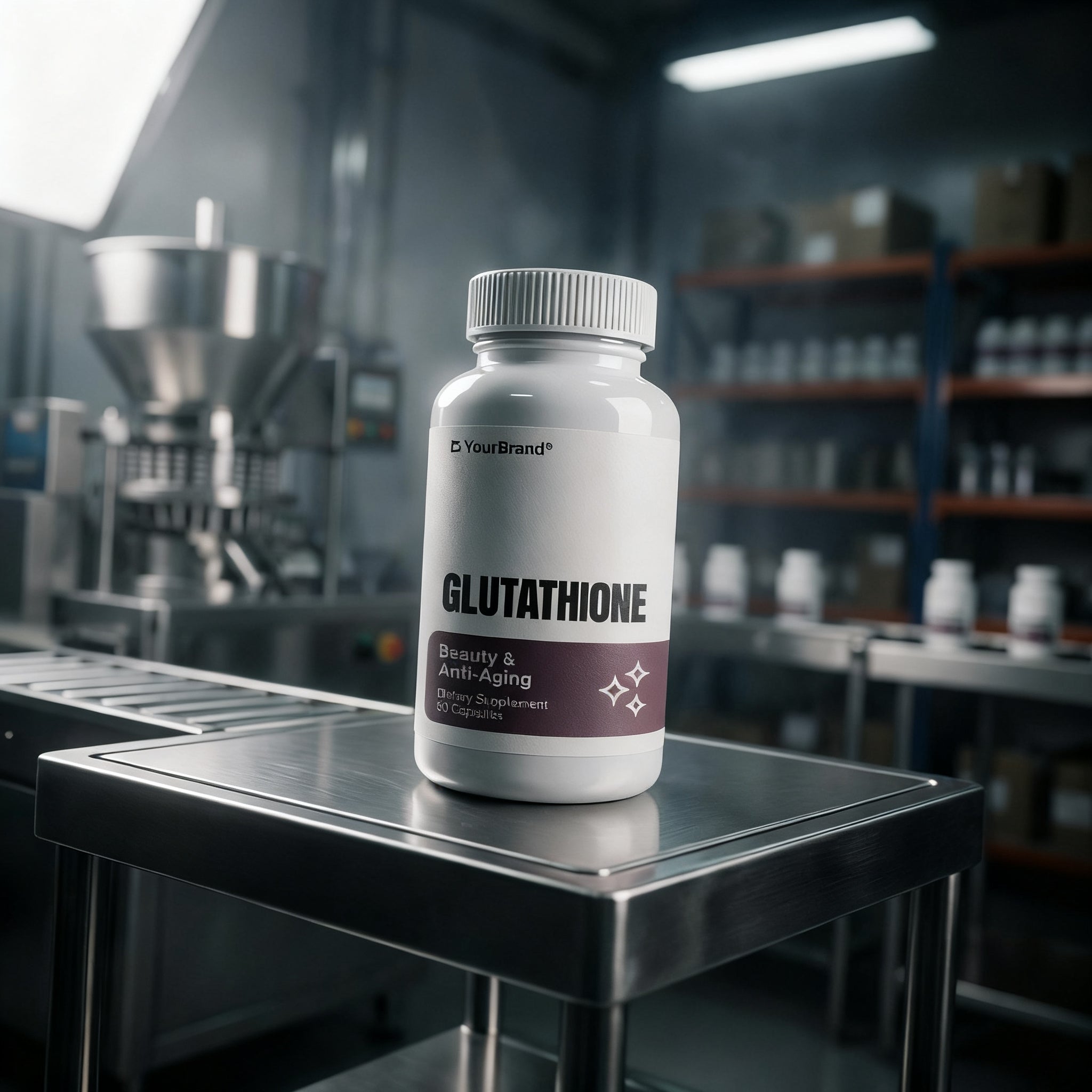 Glutathione supplement bottle on a metal surface in a factory setting