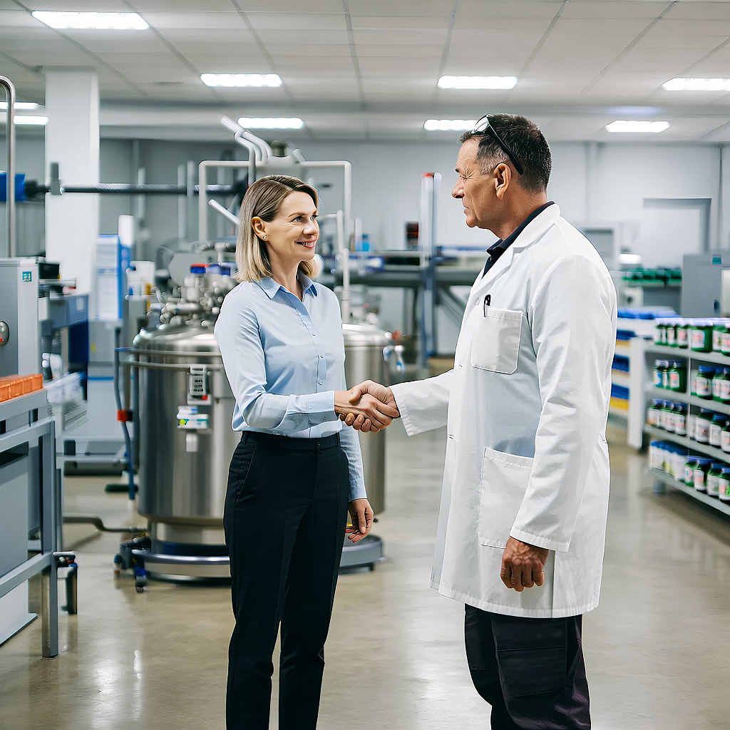 Two professionals shaking hands in a laboratory setting
