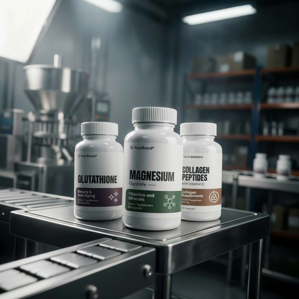 Three supplement bottles labeled Glutathione, Magnesium, and Collagen Peptides on a metal surface in a factory setting.

