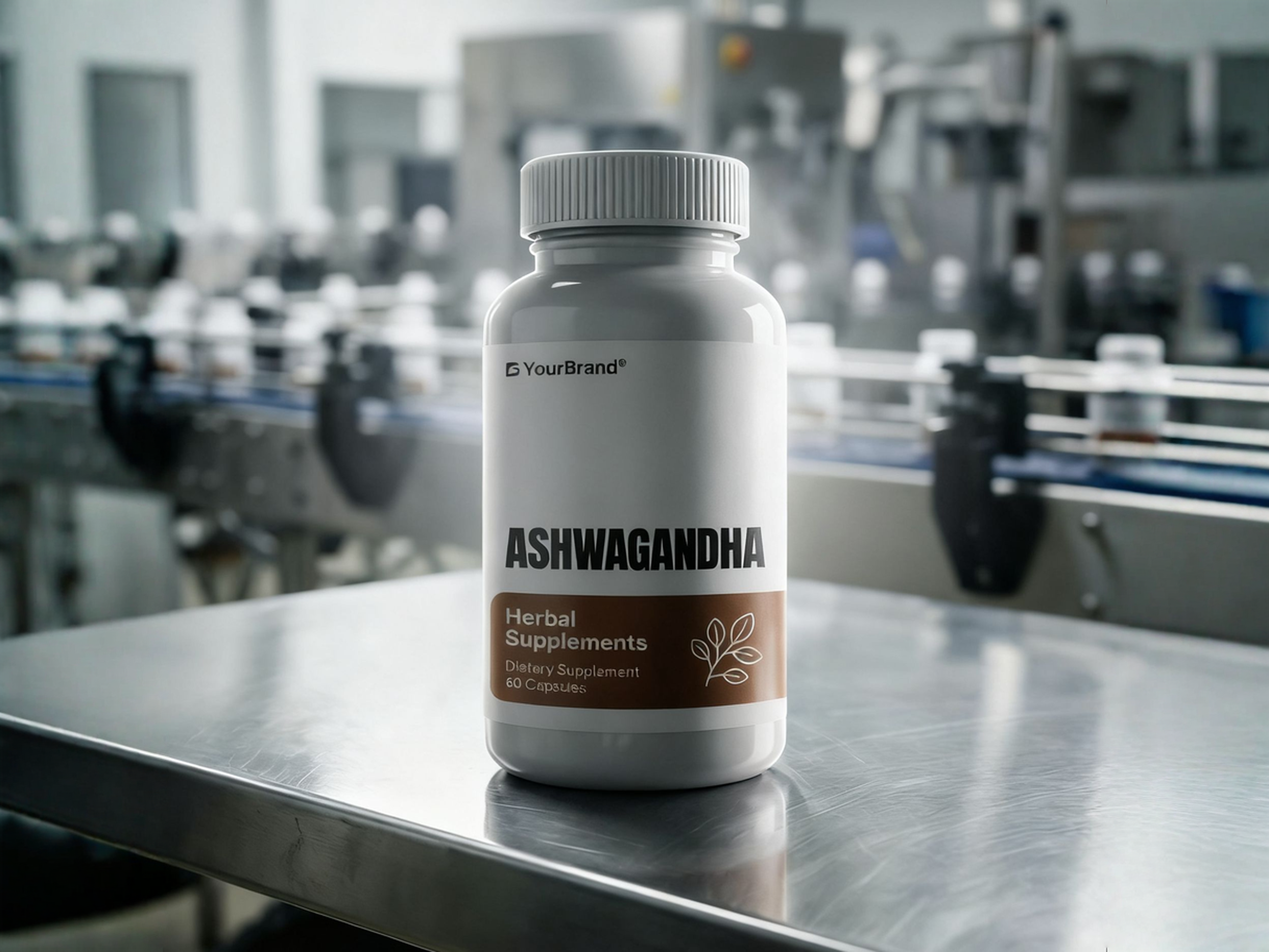Bottle of Ashwagandha supplements on a metallic surface with a blurred factory background