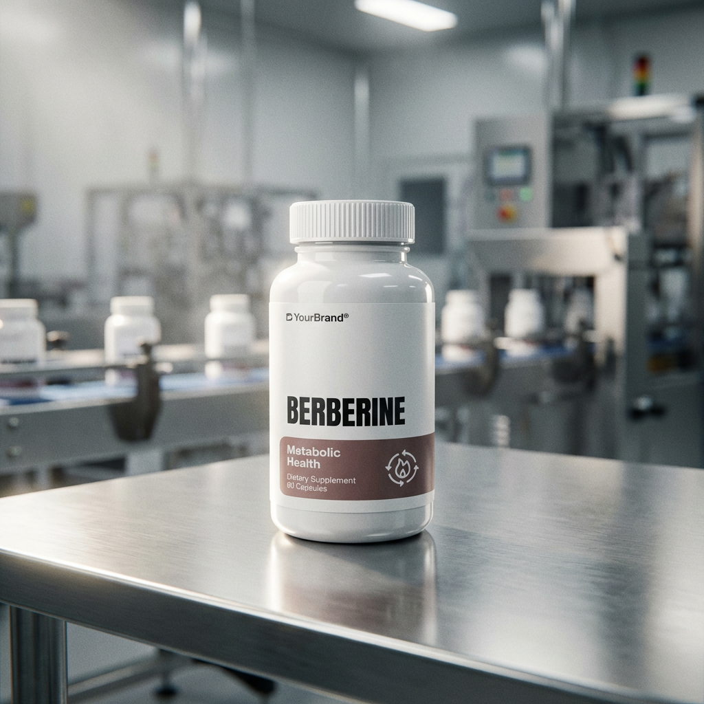 Berberine supplement bottle on a metal table in a factory setting