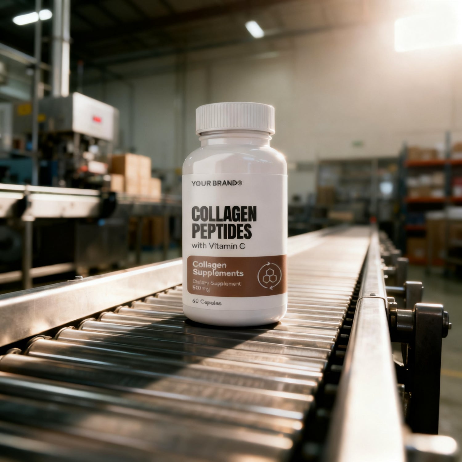 Collagen peptides supplement bottle on a conveyor belt in a warehouse setting