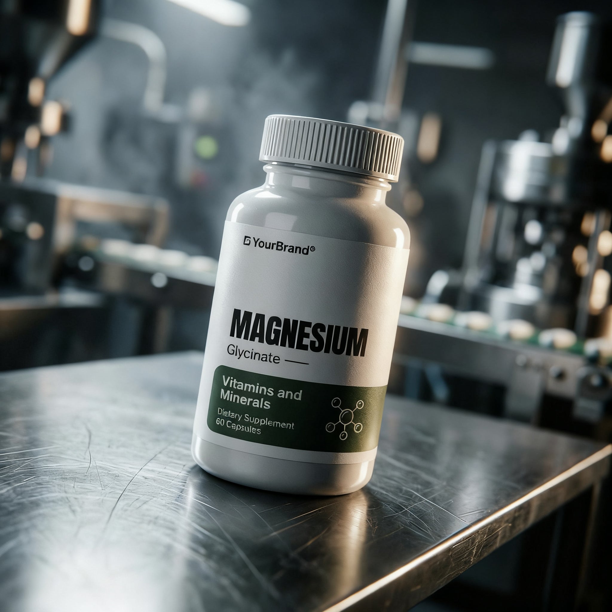 Private Label supplement bottle labeled 'MAGNESIUM Glycinate' on a metallic surface with a blurred background