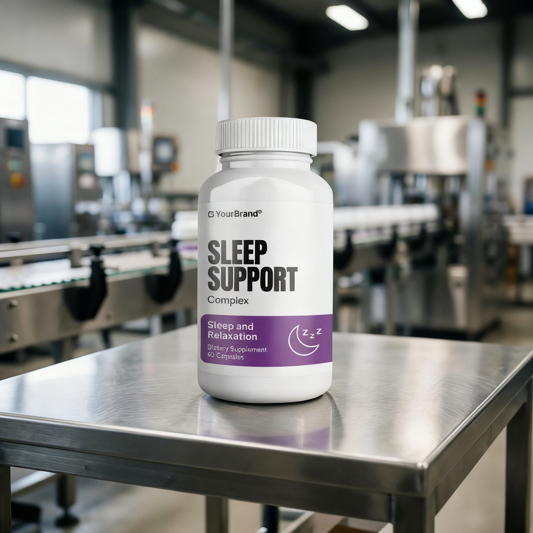 Sleep support supplement bottle on a metal table in a factory setting